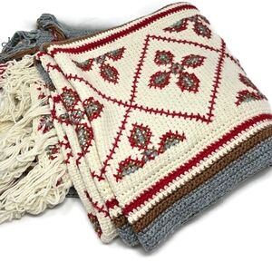 Vintage Hand Crocheted Afghan Blanket Throw With Fringe 64"x76" Cream Red Gray